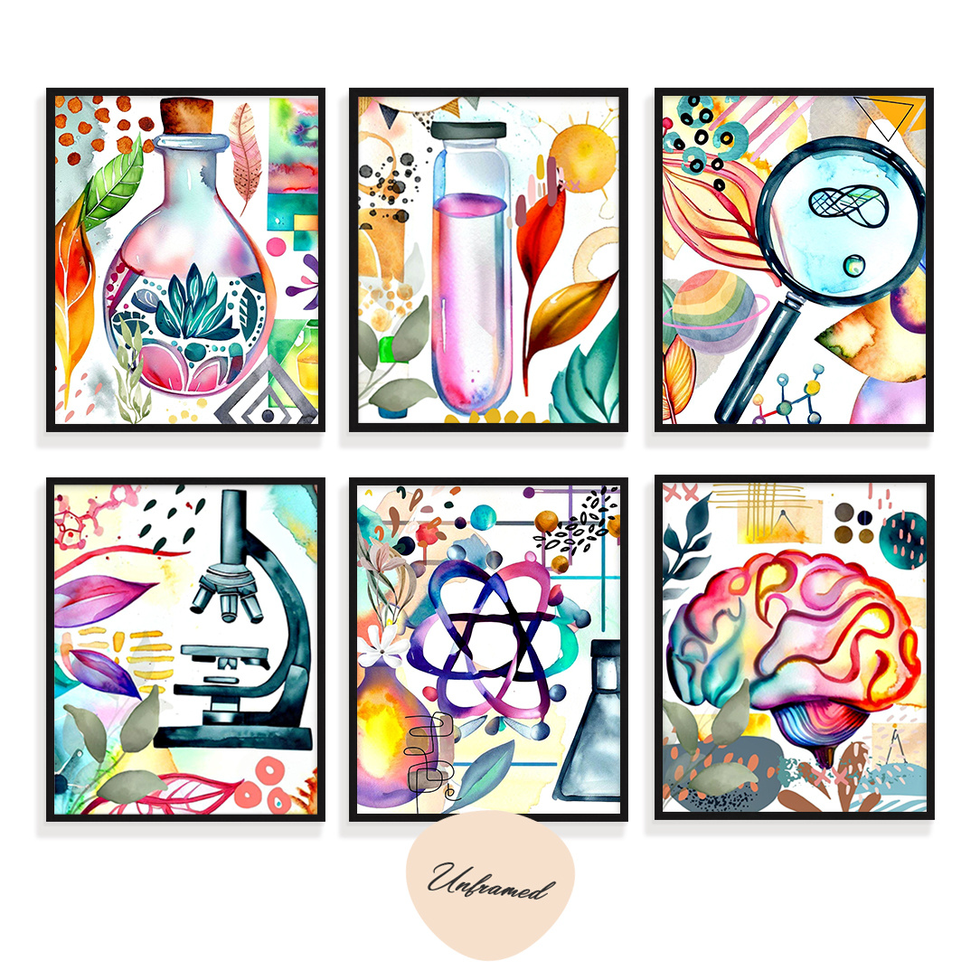 TEMU 2d Flat, Unframed 6pcs Science Wall Prints, Boho Watercolor Prints, Boho Classroom Wall Art, Nursery Decor, Biology Poster, Chemistry, Science