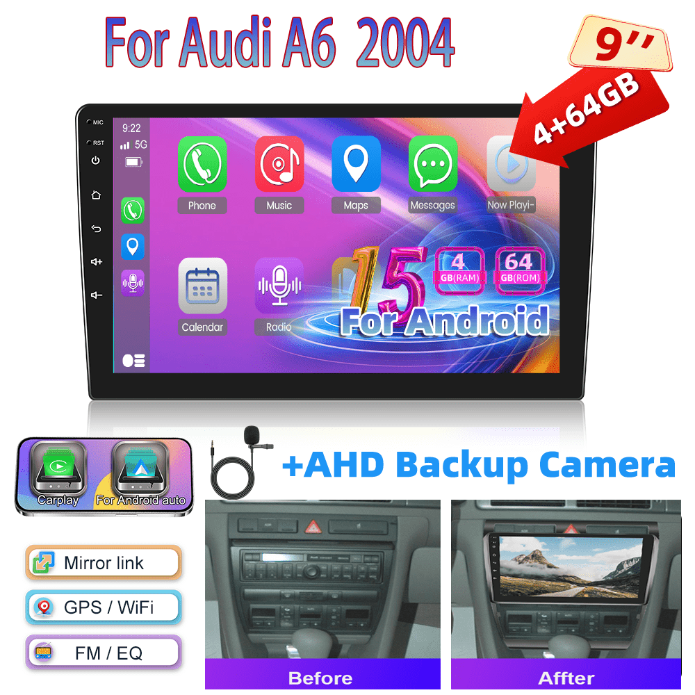 Image of [4+64g] 15 Car Radio, For A6 2004, 9-inch 1280p Ips Touch Screen Radio With Car Radio Ai Dsp/ Fm/ Rds/ 32eq Gps Wifi Swc+microphone, Ahd Reverse Camera, Without Battery