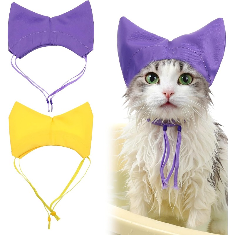 TEMU 2pcs Set Of Cat Bath Hats, Pet Shower Caps, Adjustable Straps With Cute Ear Design, Suitable For Cats And Dogs
