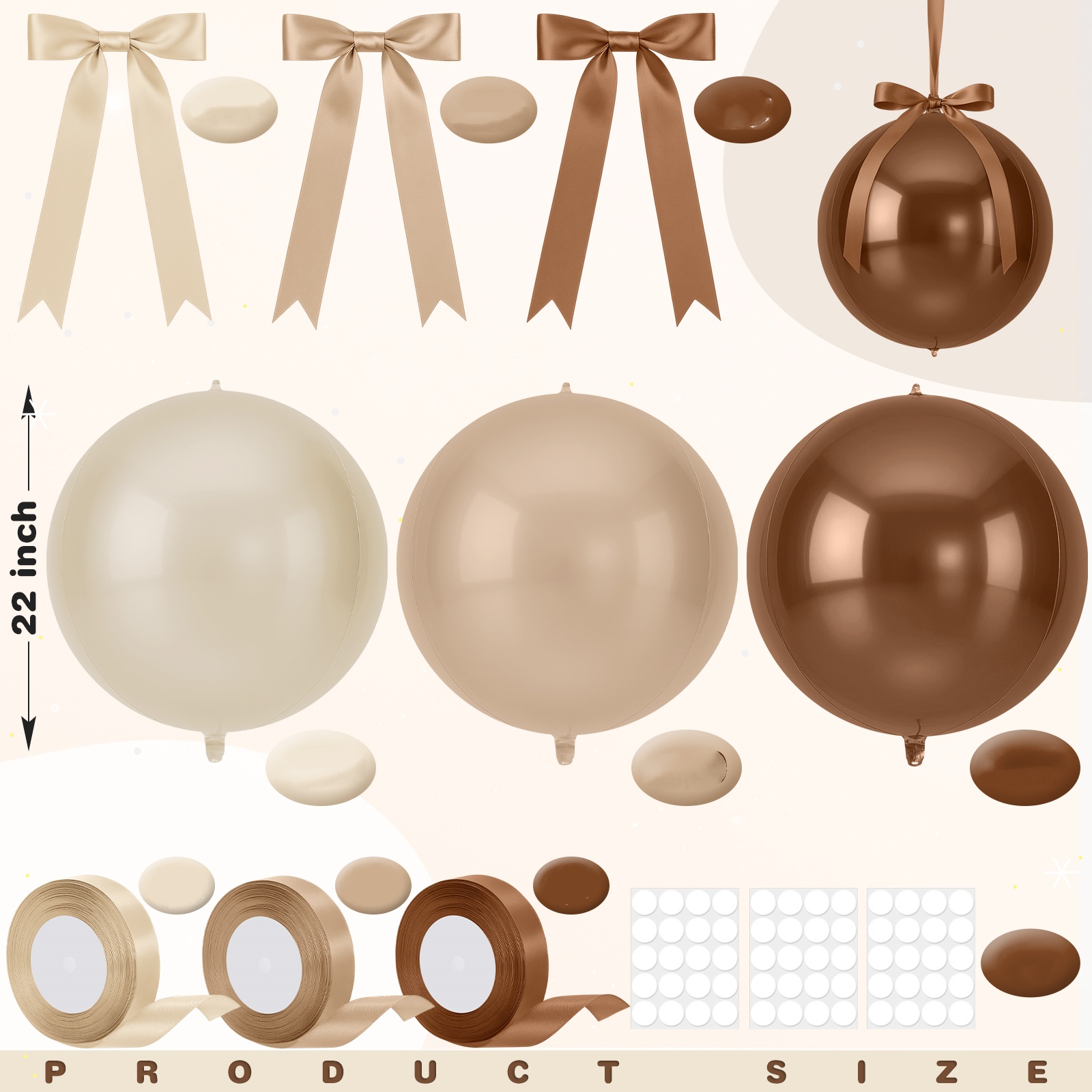 Image of 22-inch Round Aluminum Foil Balloon Set, 4d Metallic Giant Balloon With Ribbon Bow, Suitable For Ceiling Holiday Decorations, New Year, Birthday, Wedding Party Arrangements (cream Beige, Khaki)