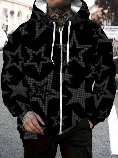 mens lightweight star pattern hoodie for casual and urban style black with white drawstrings durable and comfortable wear for daily use