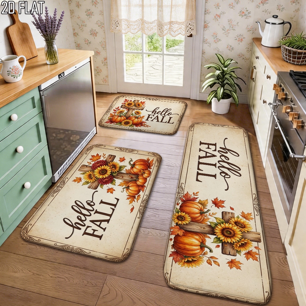 item picture [Kitchen Rug] 2D Flat Country Style Pumpkin Kitchen Mat,   Mat, Easy to Clean, Comfortable And Soft, Suitable for Restaurant, Bedroom, Kitchen, Hallway, Home Decoration, Bathroom, 2D Flat