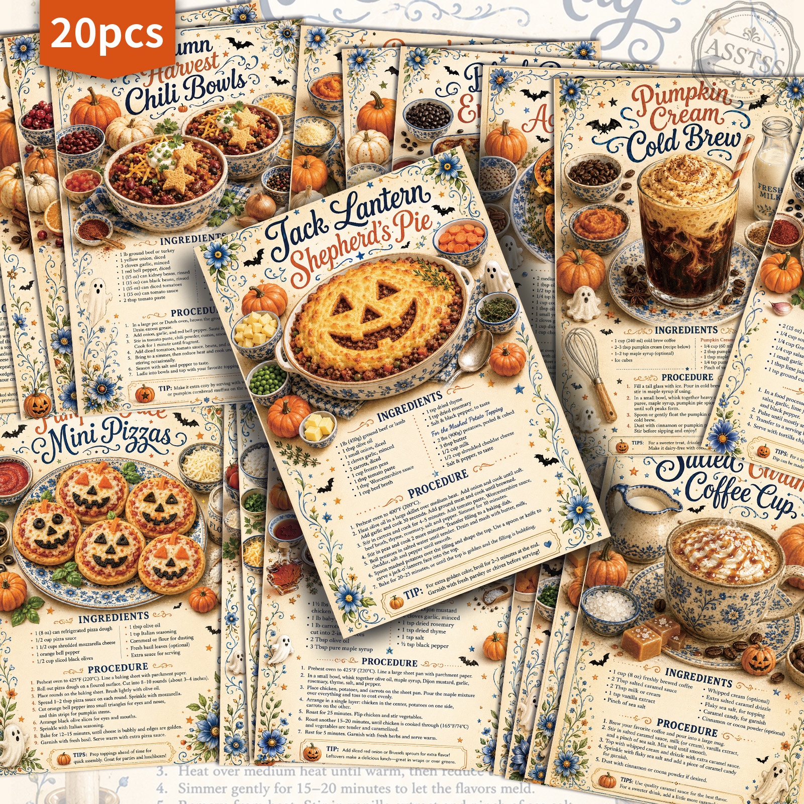 TEMU 20-pack Asstss Vintage Halloween Recipe Postcards - 4x6 Inches Retro Junk Journal Supplies, Classic Pinup Illustrations Collectible Decorative