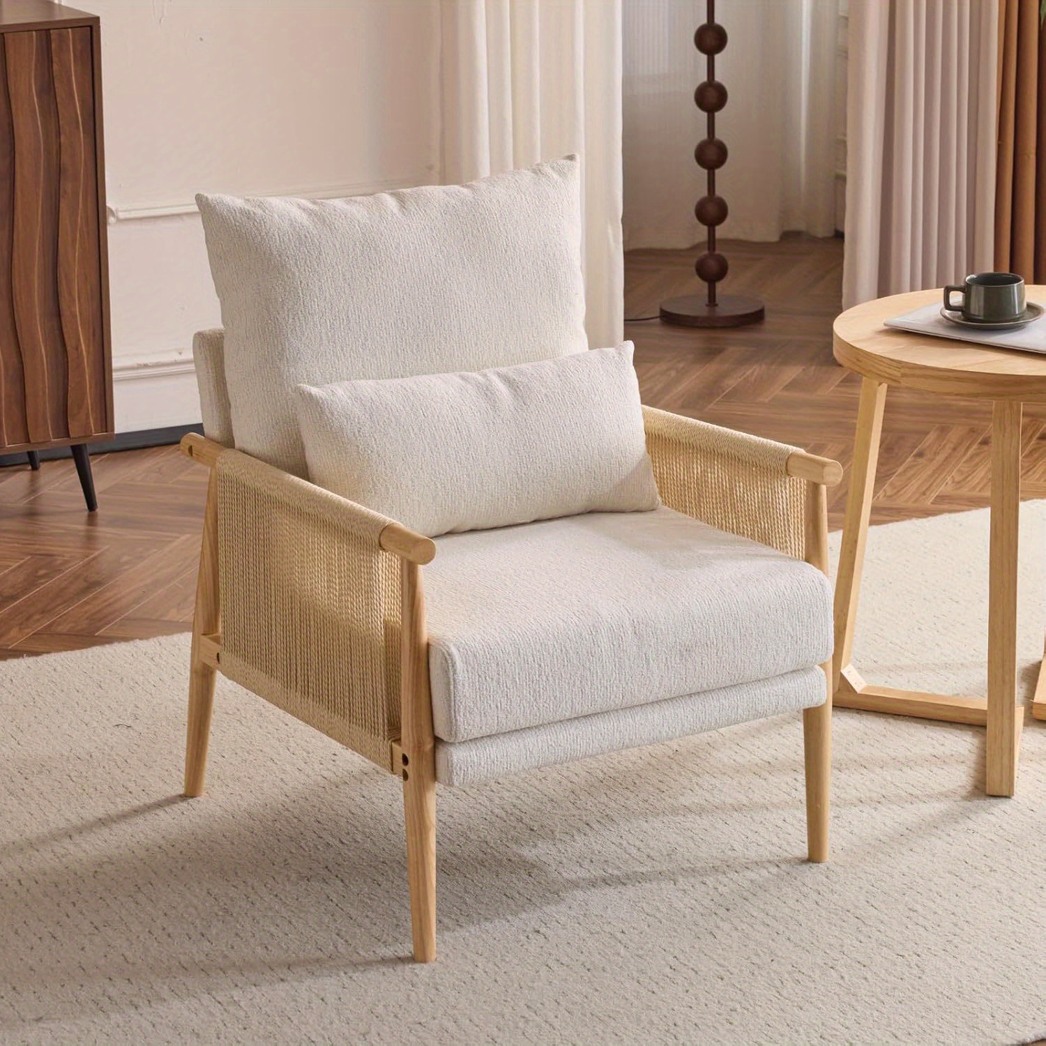 TEMU Cozy Chenille Lounge Chair Featuring A Lumbar And Rattan Armrests, Contemporary Design Ideal For Reading, Perfect For Living Room, Bedroom, Or
