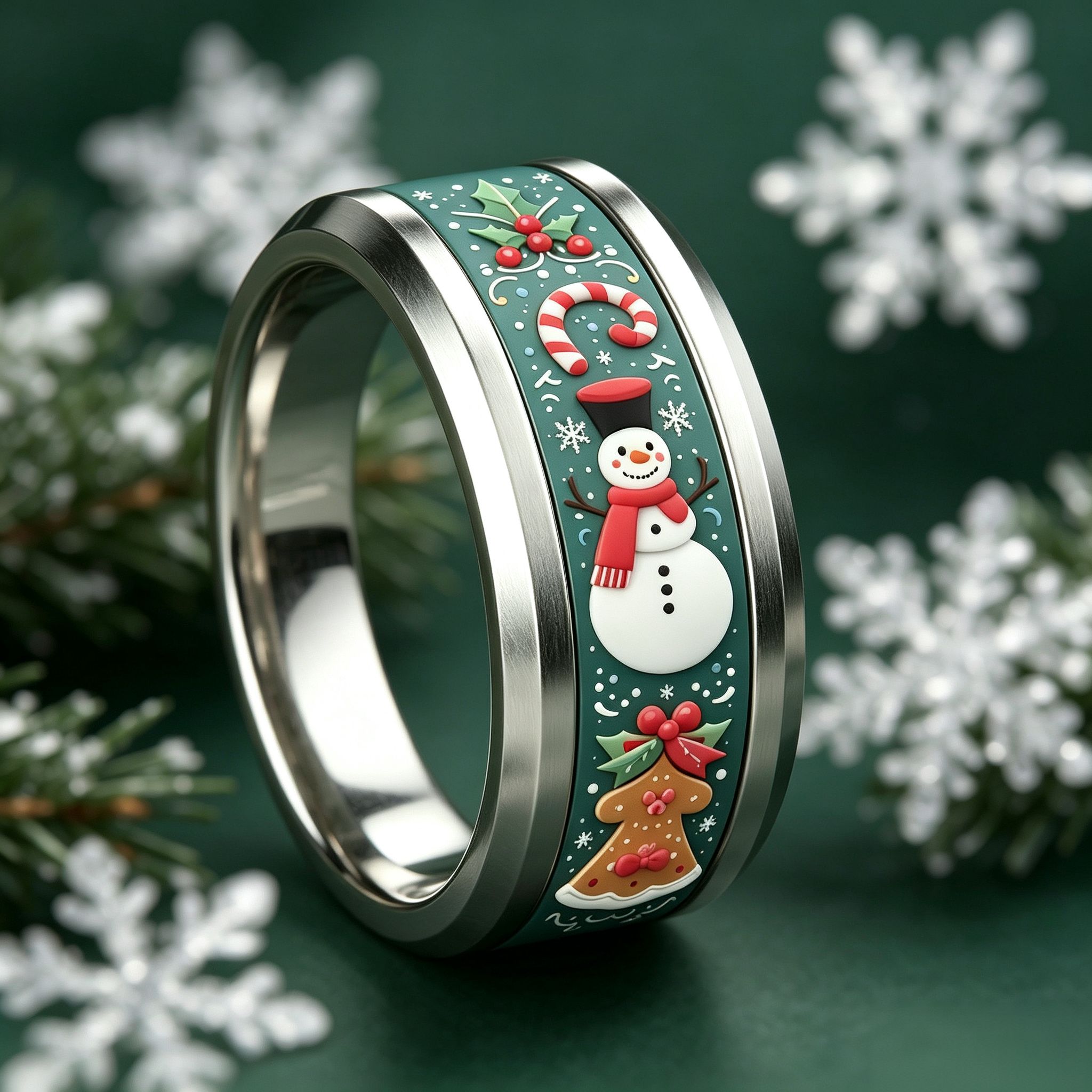 3D Snowman Gingerbread Tree Christmas Stainless Steel Ring