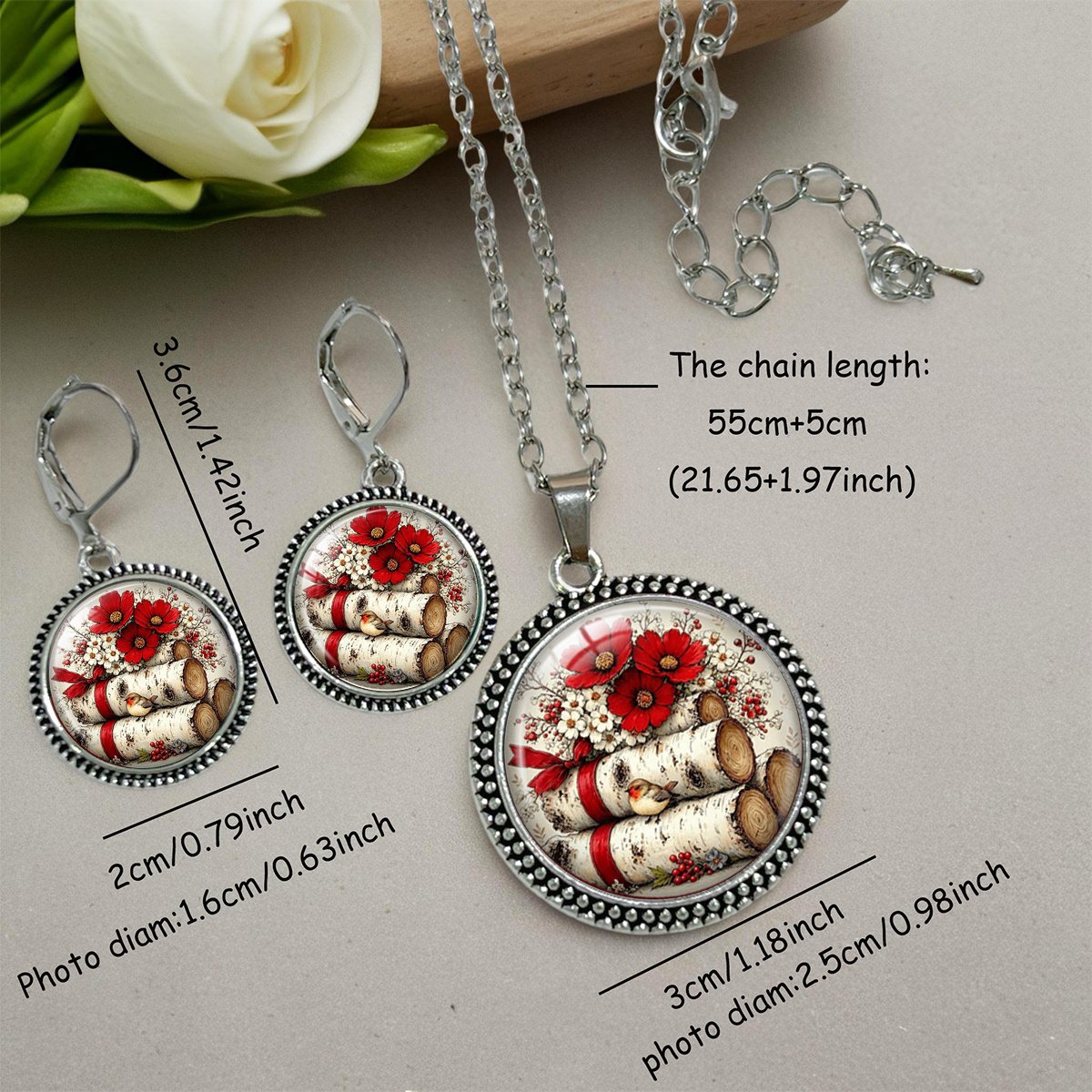 3pcs Tree Trunk Red Flowers Little Birds Necklace Earrings Set