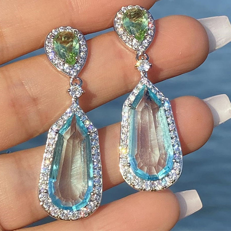 E-shop 1 Paar modische Damen-Ohrhänger, eleganter luxuriöser tropfenförmiger Anhänger mit blauem synthetischem Zirkonia, hochwertiger Ohrschmuck für