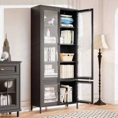 large metal cabinet display cabinet with 4 glass doors 5 shees side cabinet bookcase freestanding cabinet for bedroom living room pantry home office black reinforced tempered glass