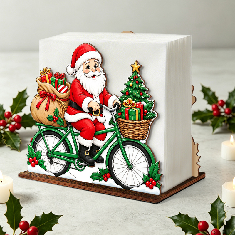 TEMU 1 Santa Claus Riding A Bicycle Wooden Napkin Holder, Cute Santa Claus With Gifts And Mini Christmas Tree Desktop Tissue Storage Rack, Christmas