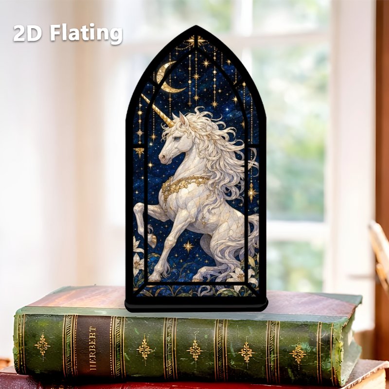 TEMU 1pc Unicorn Stained Glass Bookend - Polished Acrylic With Starry Sky And Moon Decor Featuring A Unicorn, Suitable For Home Office Bookshelves,