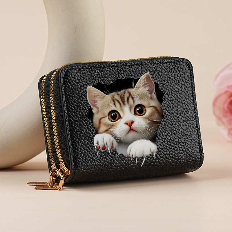 TEMU Cute Cat Womens Double Zipper Wallet Lychee Short Credit Card Holder With Large Capacity Coin Purse