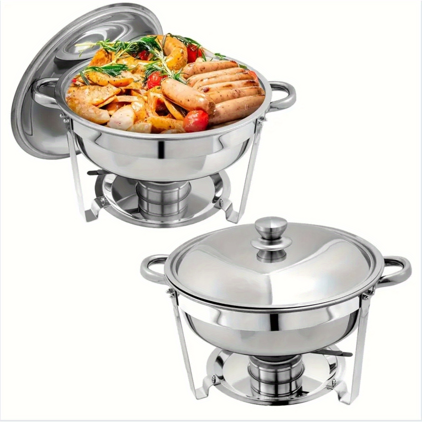 TEMU 2/4pcs Stainless Steel Gourmet Chafing Dish Set - Elegant Round Buffet Warmers With Food & Water Trays For Seamless Entertaining - Perfect For