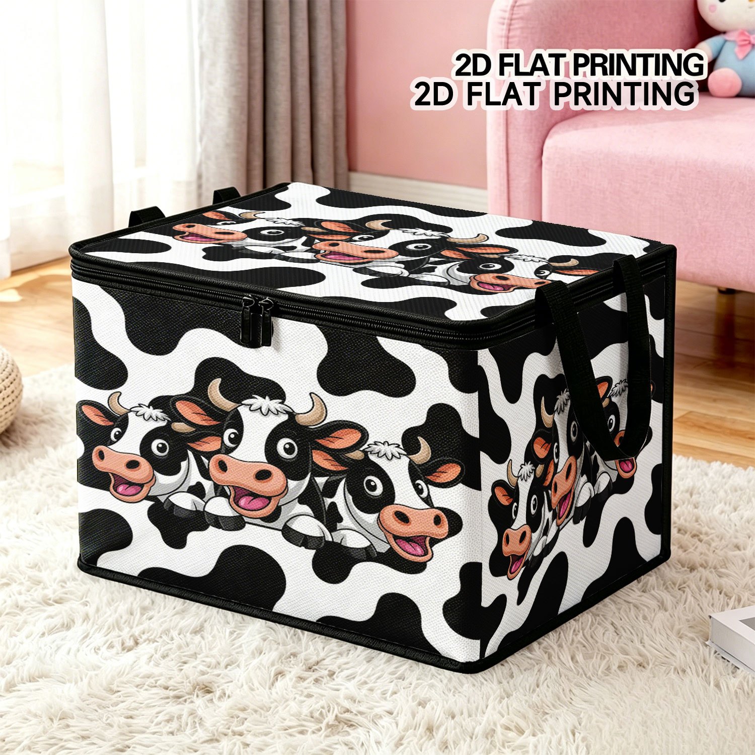 TEMU 1pc Cow Print Storage Box With Lid - Adorable Cow Spotted Zippered Organizer Suitable For, Room, Playroom, Shower Gift, Non-foldable Rectangular