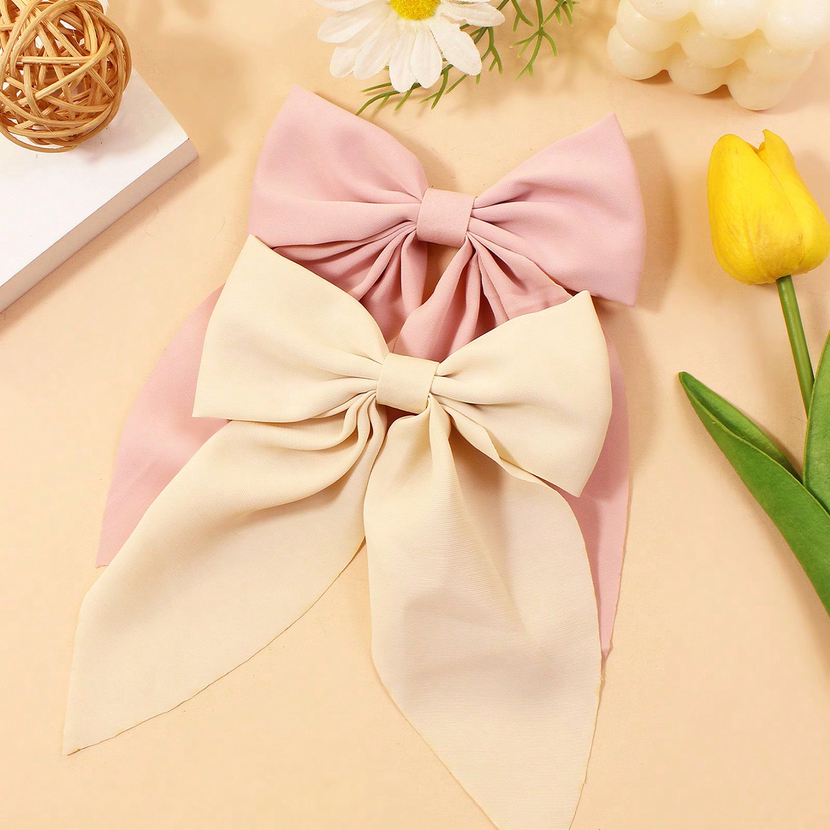 Solid Color Bow Hair Clips, 2pcs, Simple And Elegant Versatile Fashion Headwear