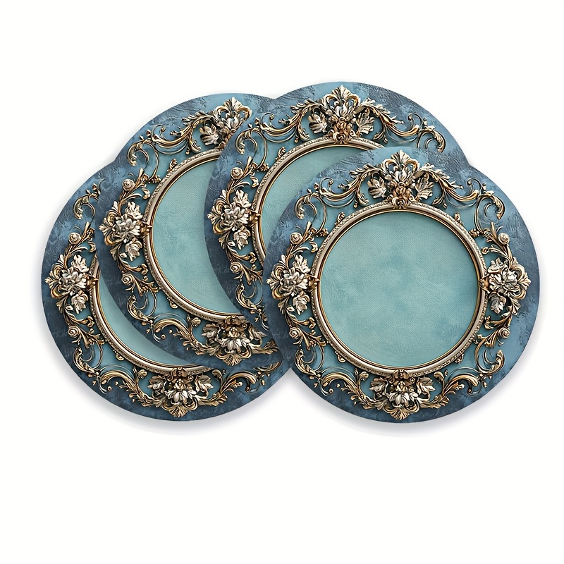 4pcs Large Round Placemats Baroque Turquoise & Golden - Elegant Table Mats With Intricate & Floral Patterns, Table Decor Suitable For Dinner Parties, Special Occasions, Everyday Use