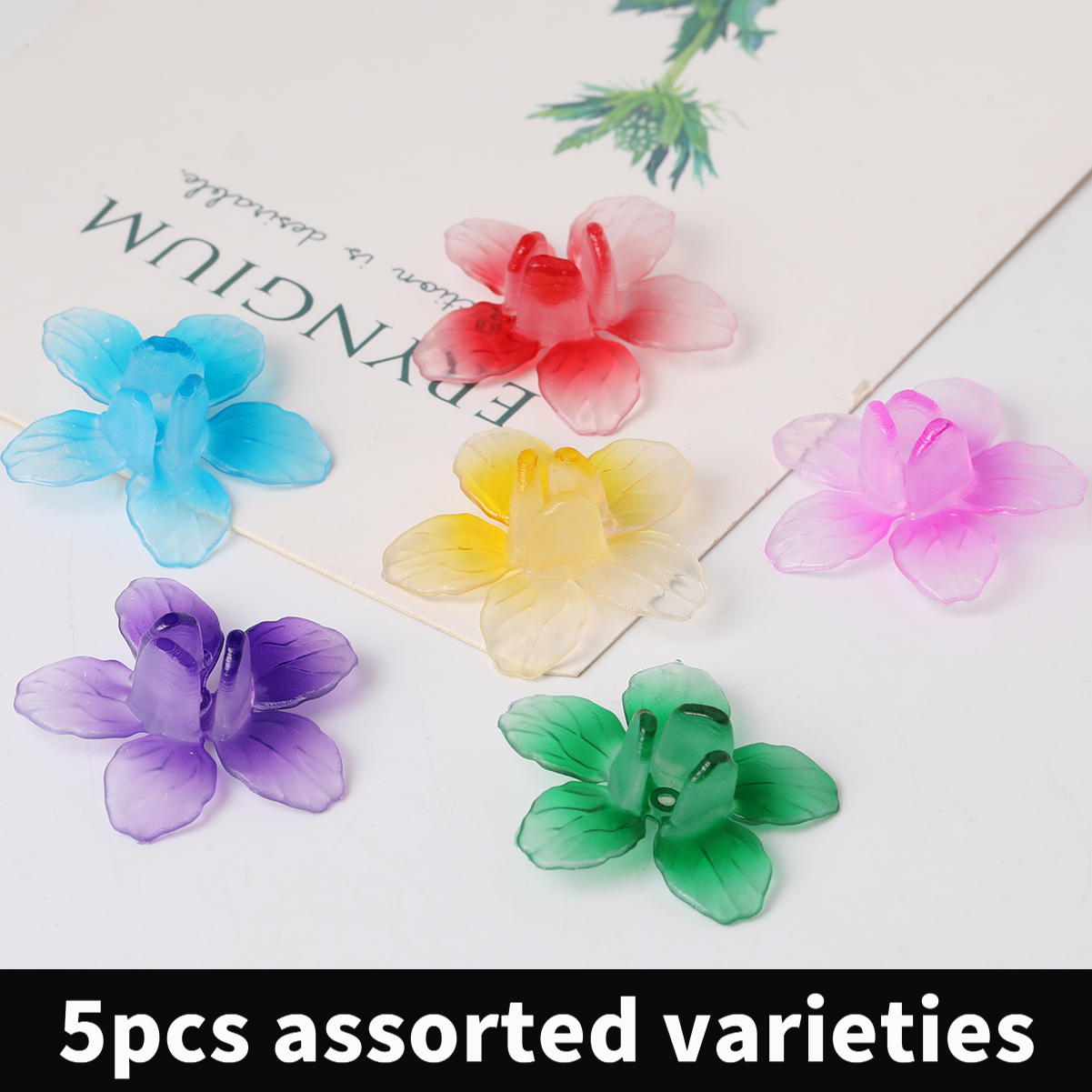 TEMU 5pcs 28mm Random Color Gradient Transparent Acrylic Flower Spacer Beads, Cute Five-petal Orchid Shape Loose Beads For Making, Scrapbooking, Hair