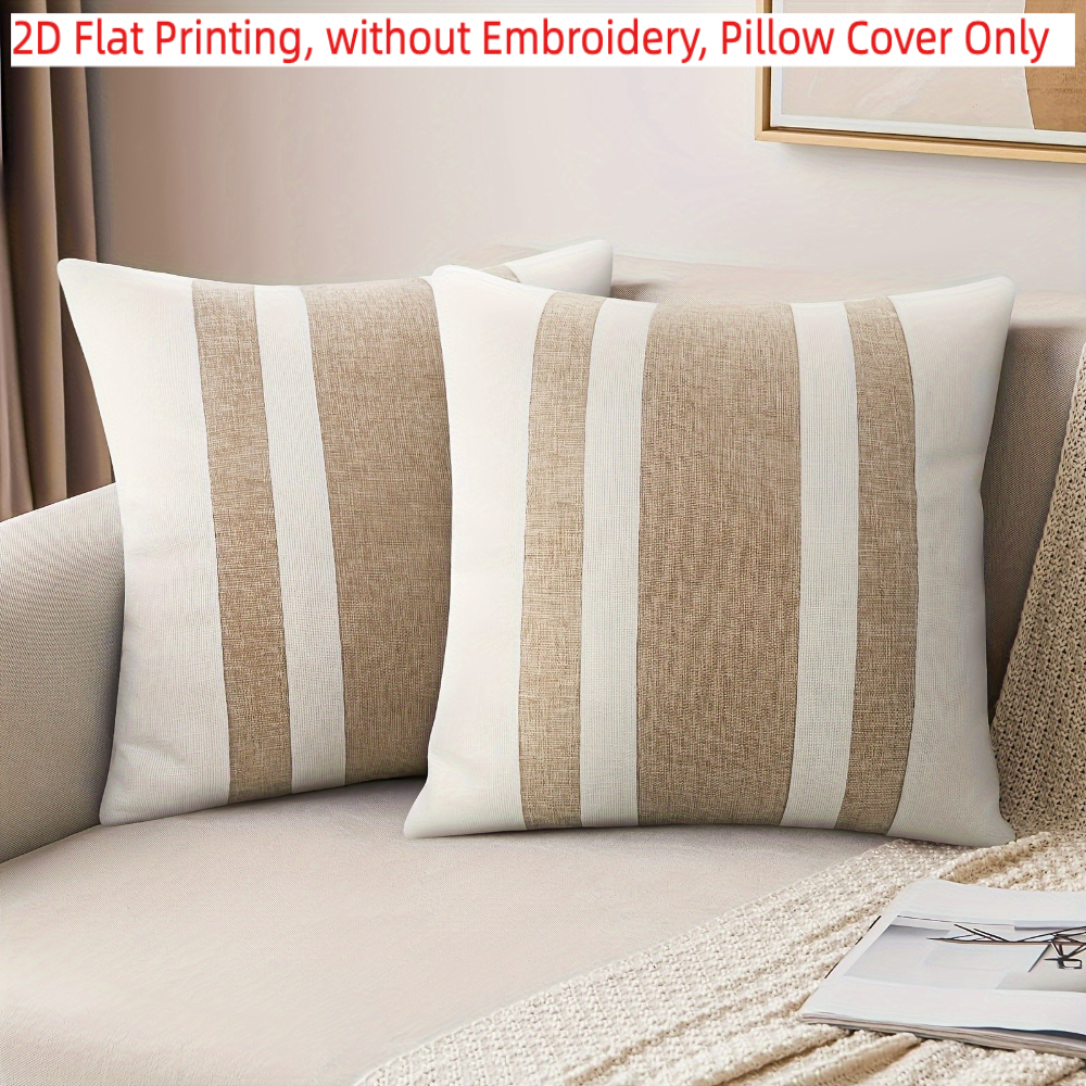 TEMU 2d Flat Printing, 2pcs, Farmhouse Decor Pattern Khaki Striped Pillow Covers Single-sided Printing, Without Embroidery, Pillow Inserts Not