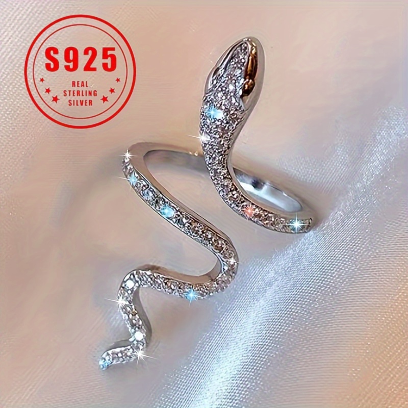 TEMU 925 Sterling Silver Statement With A Delicate Zirconia-encrusted Coiled Snake Ring