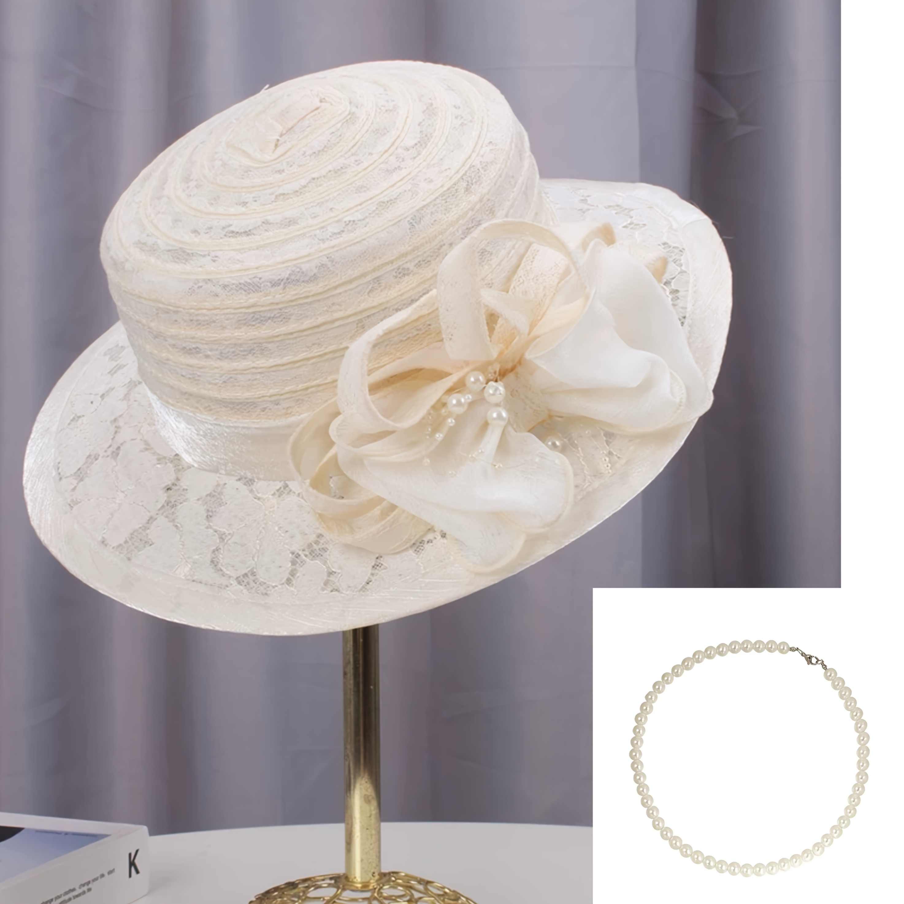 Image of 2d Flat - 2pcs Women's New Organza Mesh Bow Flat Top Hat Women's Summer Sun Hat Outdoor Sunshade Travel Party Wedding Wear Essential Sun Hat With Necklace