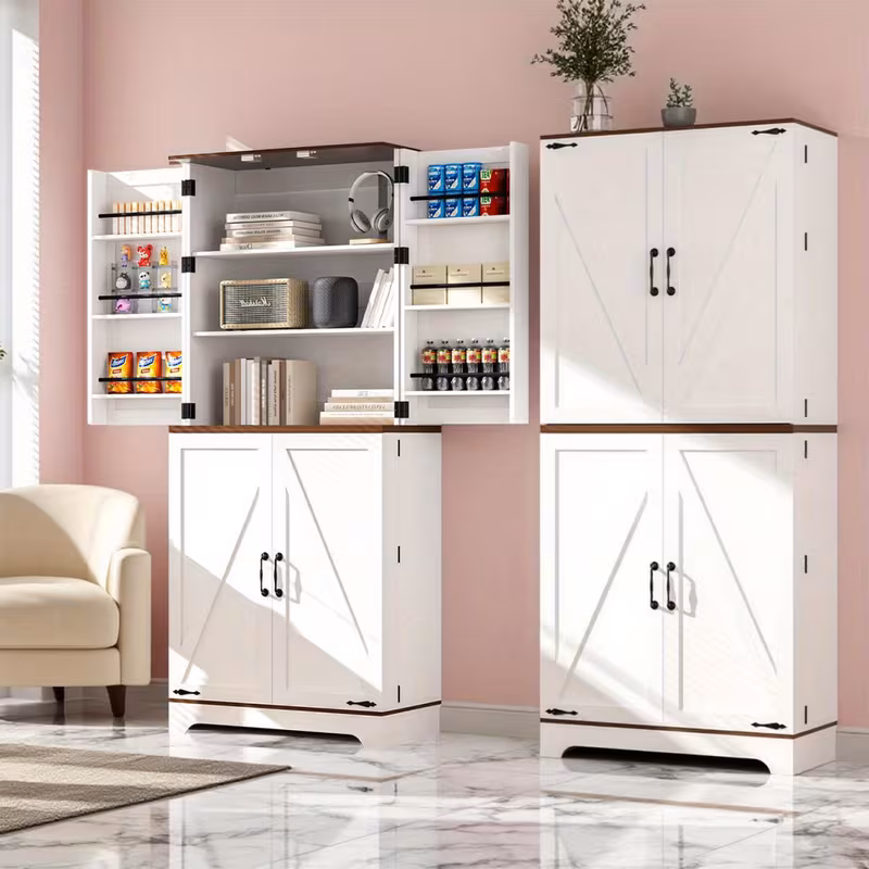 75" Tall White Farmhouse Storage Cabinet with Adjustable Shelves - Rustic Wood Pantry Cupboard for Kitchen, Bathroom & Dining Room