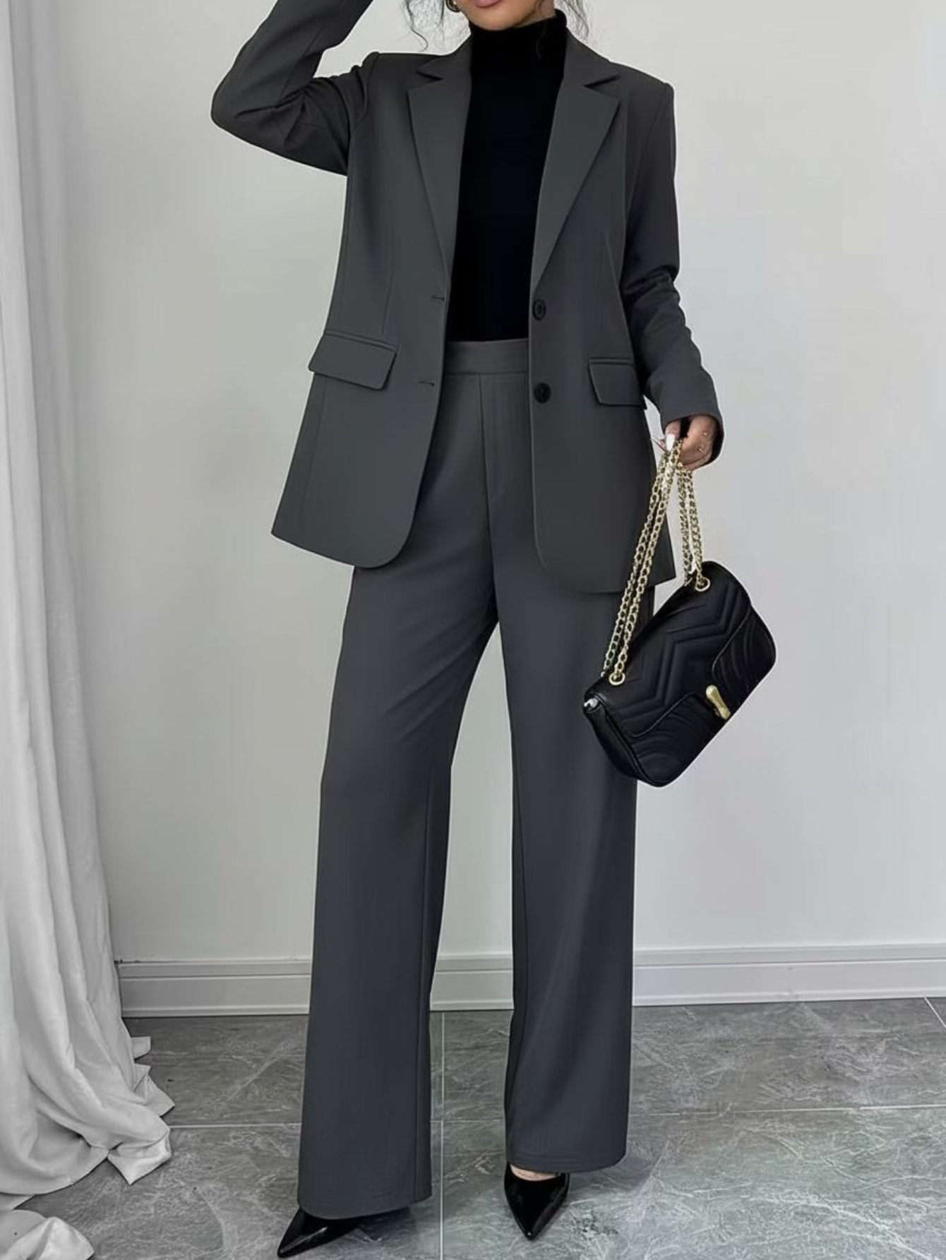 * Commuting Deep Gray Loose Suit Wide-leg Pants Set for Women | Senior Gray  * Oversize Version with * Suitable for Office Business and Texture Social *