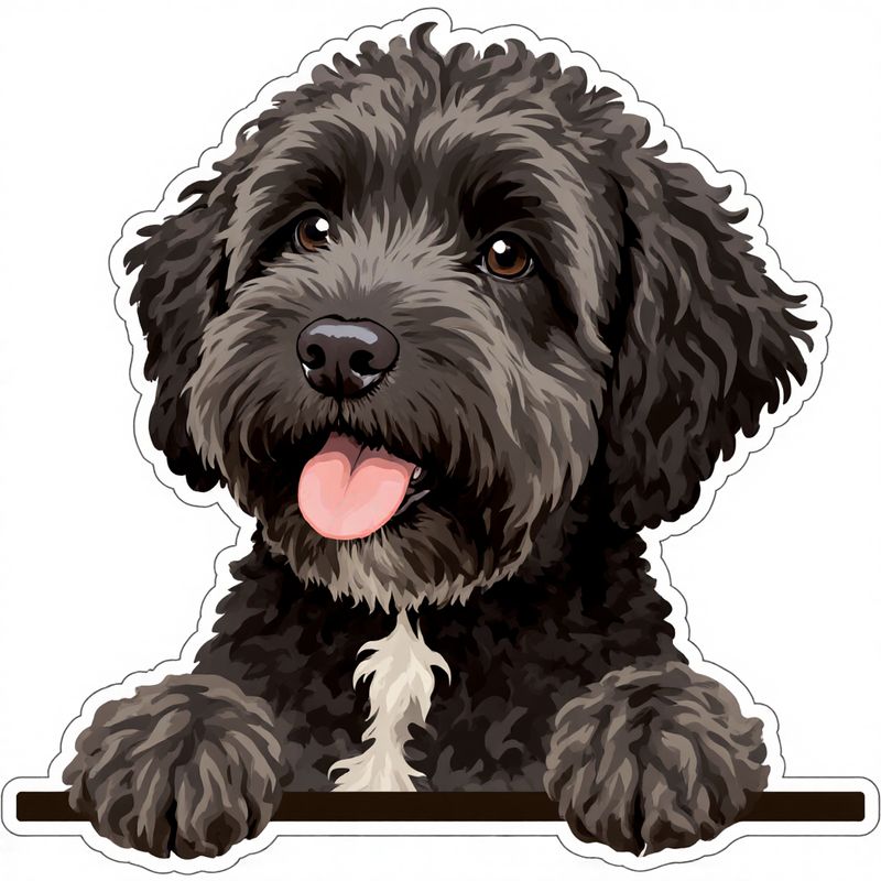 1pc Of Car Sticker - Black And White Fluffy Curly-haired Dog With Friendly , , Tongue Sticking Out, White Chest , Peeking , Background, Serrated Hand-drawn Border, Self-adhesive Waterproof, Laptop