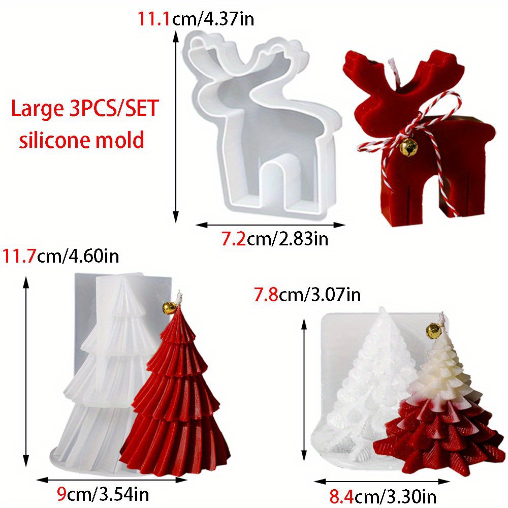 Image of 3pcs Pine Elk Silicone Scent Candle Mold Christmas Tree Resin Plaster Making Kit Diy Winter Drip Glue Home Decor Handmade Craft Gifts
