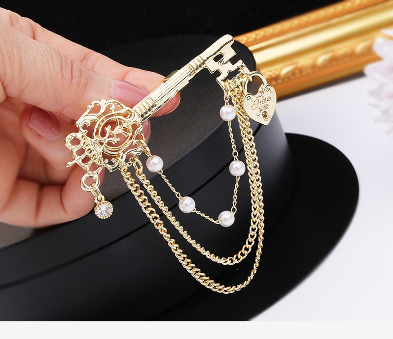   elegant key shaped brooch with rhinestones irregular pearl and chain tassel fashion korean style trendy pin accessory for women and men details 5