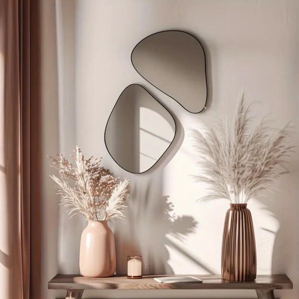 Irregular Wooden Decorative Wall Mirror, Frameless Wall-Mounted Mirror, Shatterproof HD, Suitable for Bedroom, Living Room, Gym
