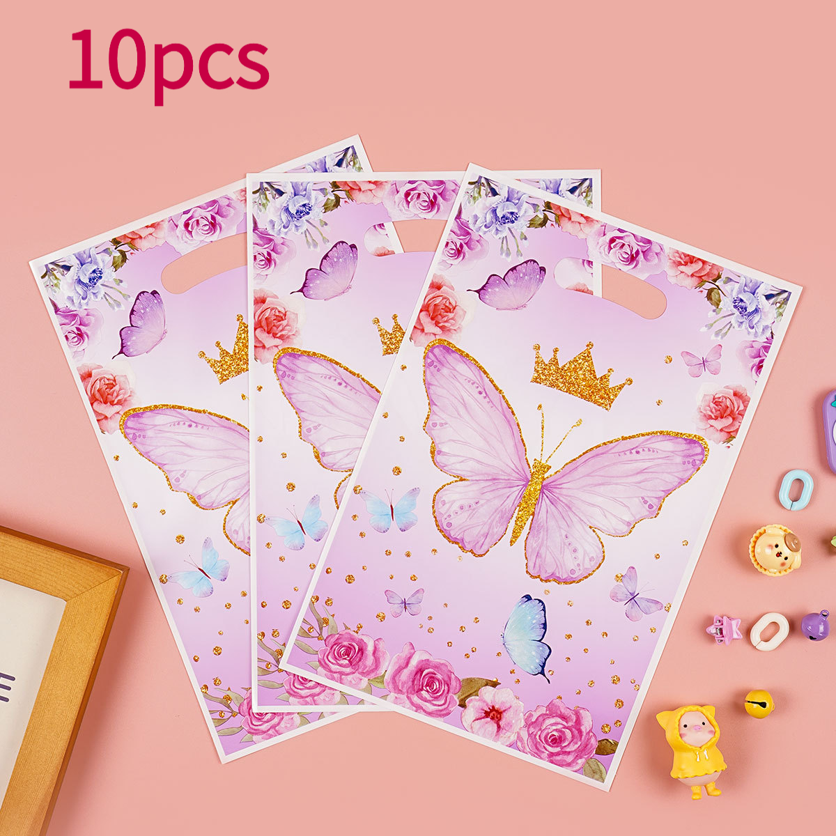 Gift For Her/him 10/30/50pcs Plastic Gift Bags With Handles, Pink , Glitter Floral Candy Bags For Princess Birthday Parties, Baby Showers And Wedding Favors, Gift And Snack Storage Bags