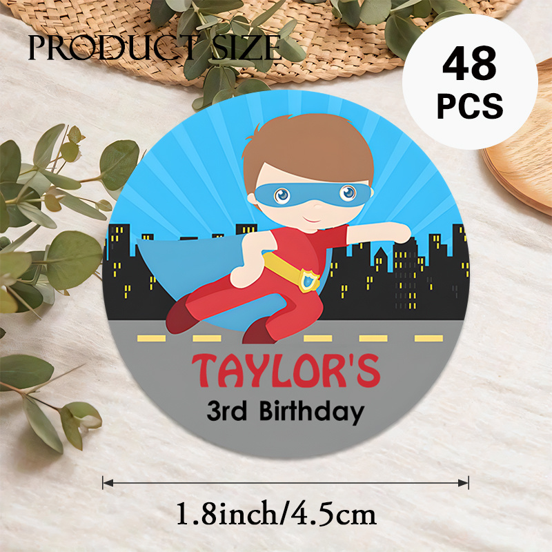 TEMU Adesivi rotondi personalizzati per compleanni, disponibili in set da 48 o 96, con tema di supereroe e citt�. per decorazioni di feste, etichette