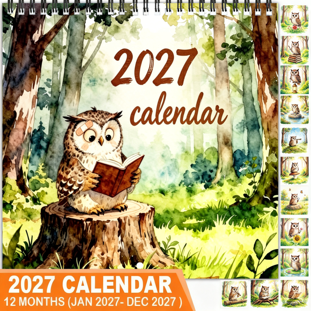 TEMU 1pc 2027 Cute Owl Watercolor Forest Planner & Wall Calendar - Spiral Bound Thickened Coated Paper Suitable For Home, Office,, Christmas Gifts,