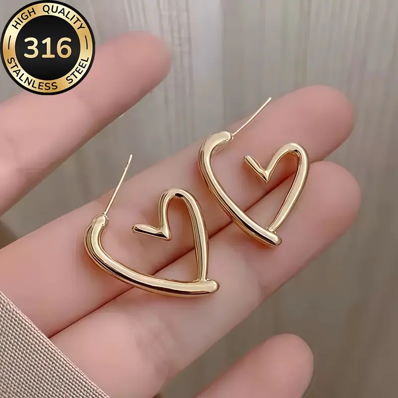 E-shop Hochwertige, hypoallergene 316 Edelstahl Herzform Ohrhänger, 18K vergoldenet, farbecht, stilvolle Damenohrringe, einfach und elegant, geeignet