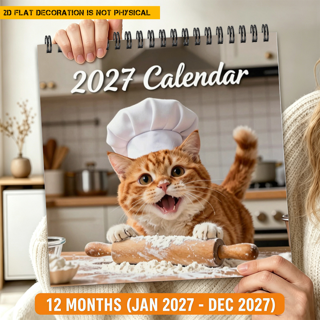 TEMU Calendrier mural 2D plat 1pc 2027, 8.3X8.3 pouces Planificateur de décembre, Exclusif pour des chats, Thème Chat Chef, avec suivi des , Grande