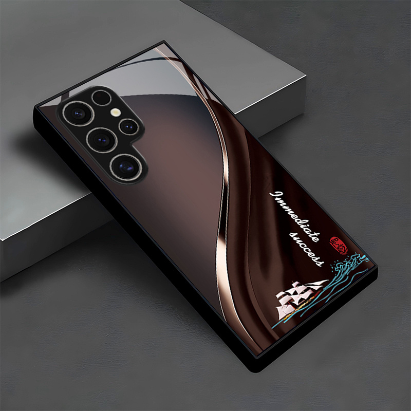 TEMU Phone Case: Creative Black-brown Ripple Glass Phone Case With Sailing Boat Design Symbolizing , Success, And Smooth Sailing, For Galaxy