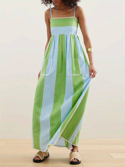 womens striped long dress summer sleeveless spaghetti strap front pocket dress flowy beach dress