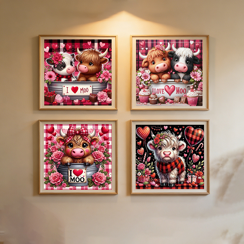 TEMU 4pcs Love Highland Cow Diamond Painting Set Frameless- 20x20cm Round Acrylic Diamonds, Ideal For Hanging And Artistic Holiday Gifts