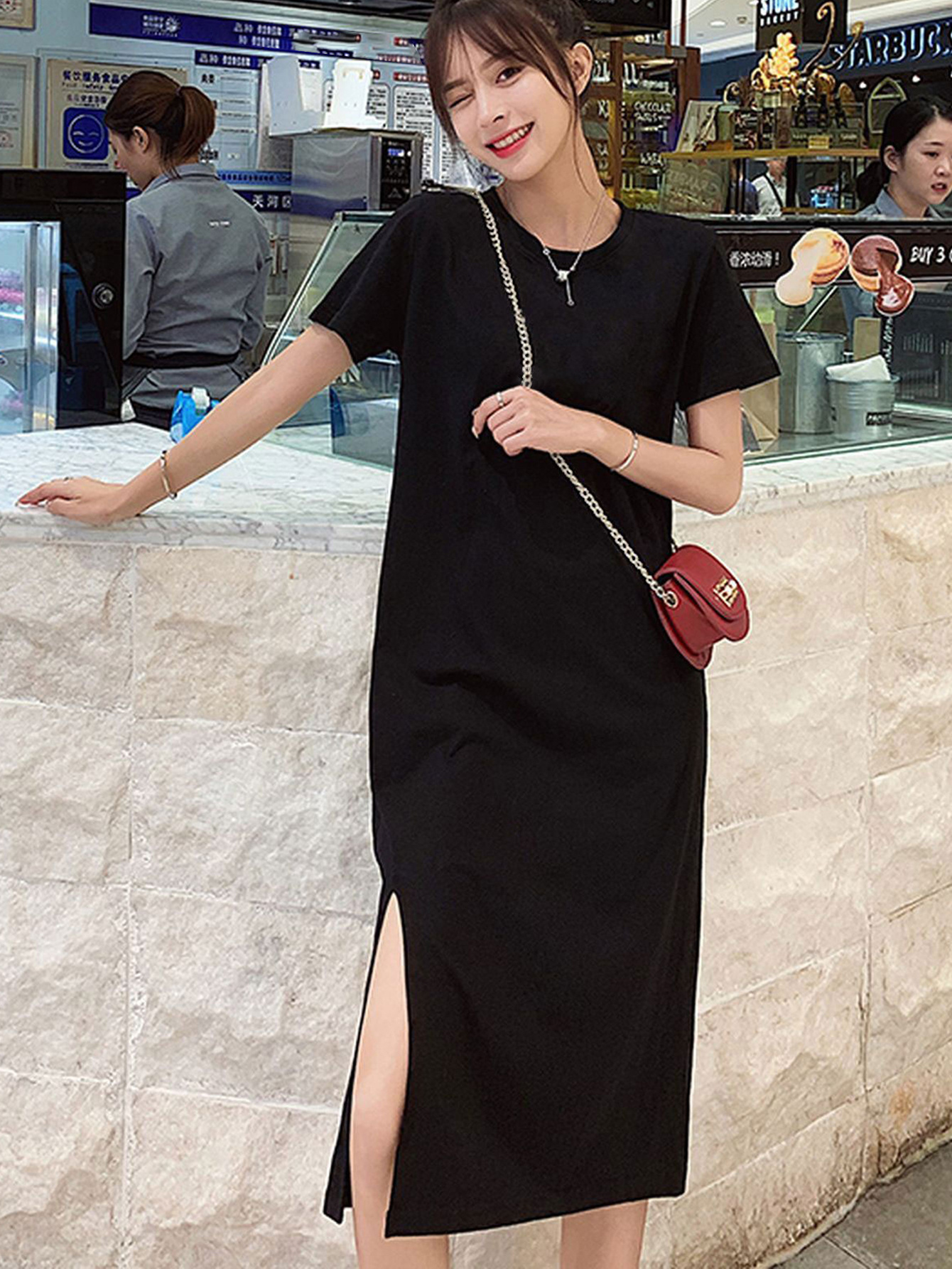 Black Knee Length T Shirt Dress VSSSJ Casual Summer Dresses For Women Short  Sleeve Round Neck