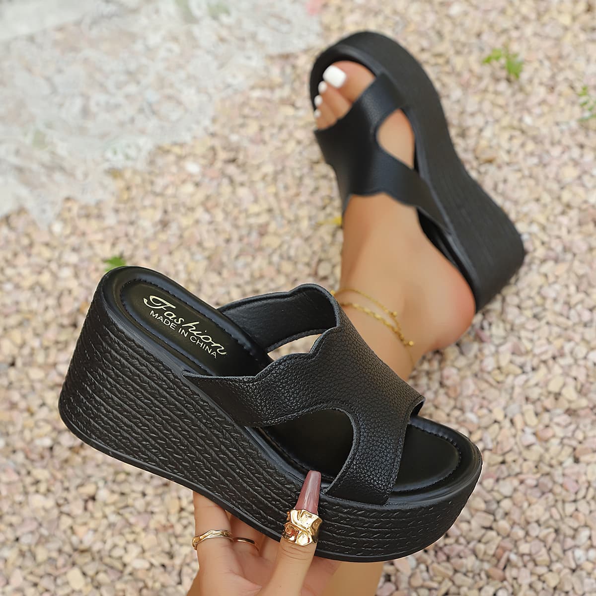 TEMU Women's Wedge Platform Slides With Scalloped Edge, Cutout High Heel Sandals, Comfortable Breathable Footwear For Vacation, Travel, Outdoor &