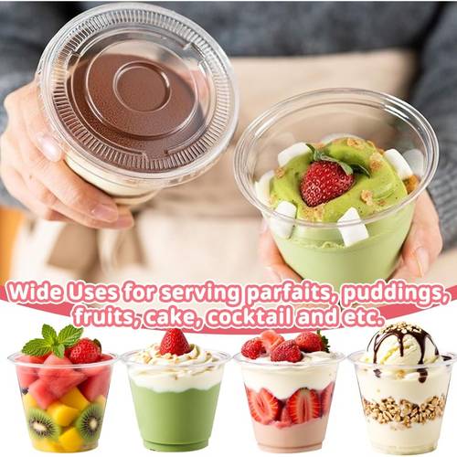a set of 100 clear plastic dessert cups each 9oz complete with lids that have no holes suitable for ice cream cake snacks fruit cold beverages smoothies pudding and salads