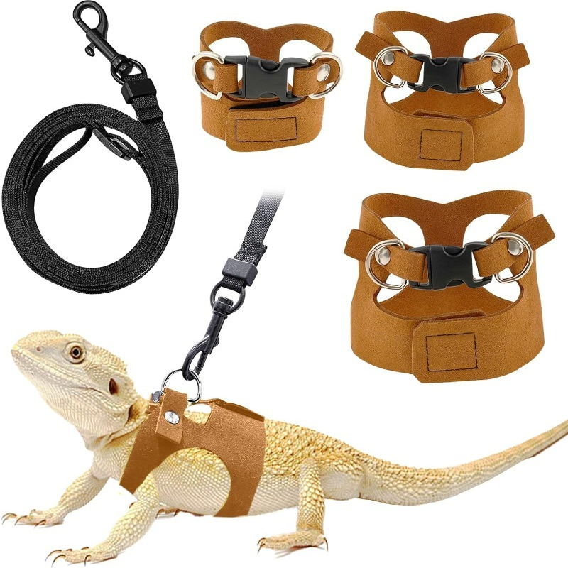 TEMU Adjustable Soft Leather Vest For Bearded Dragons - Leash And Harness Set In 3 Sizes, Ideal For Training And Walking, Easy To Put On And (brown, 2m)