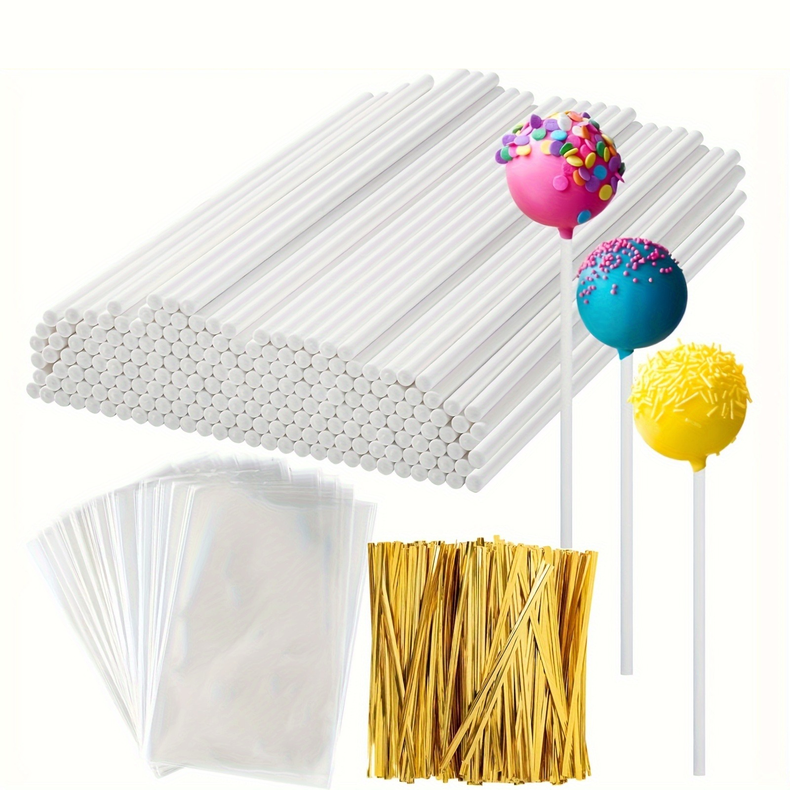 TEMU Set Of 297 (3.5-inch) Lollipop Cake Pop Treat Bags | Includes Plastic Bags, Sticks, And Golden Metallic Twist Ties - Ideal For Packaging Candy,