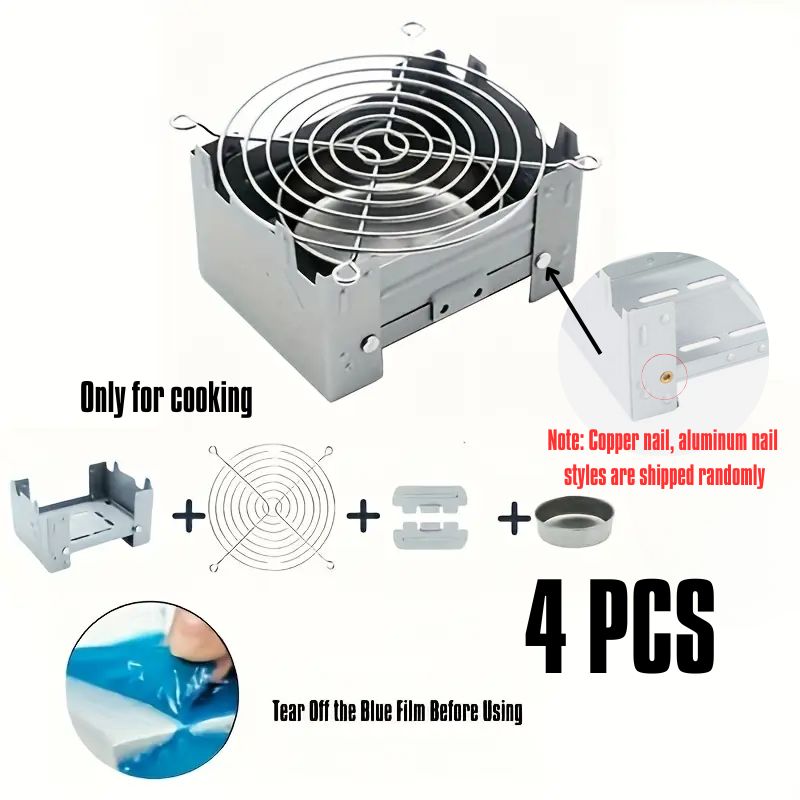 TEMU Set Of 4 Mini Folding Camping Stoves - Compact With Wind Shield, Fuel Tray, Suitable For Firewood/charcoal For Hiking, Camping, And Emergency