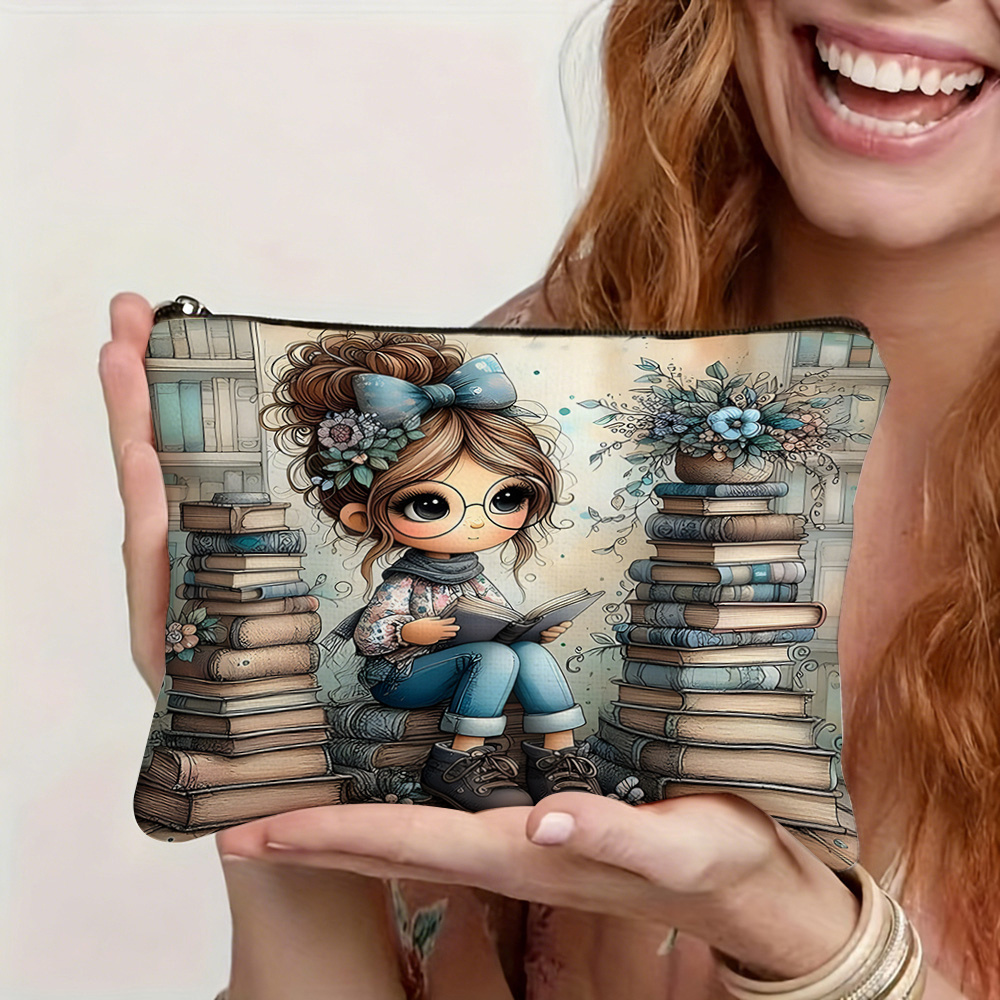 TEMU A Cartoon Female-themed Makeup Bag For Book Lovers, Featuring Double-sided Prints. Suitable For Daily Commuting And Short Trips As A Makeup Bag.