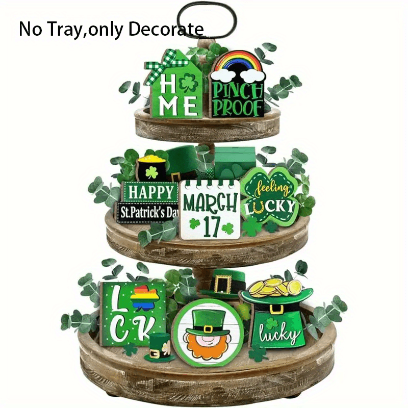 

1 Set St Patrick's Day Wooden Decorations, Log Material Tiered Tray Ornaments, Green Clover & Accents, No Tray, Table Centerpiece, Home Decor, No Electricity Required