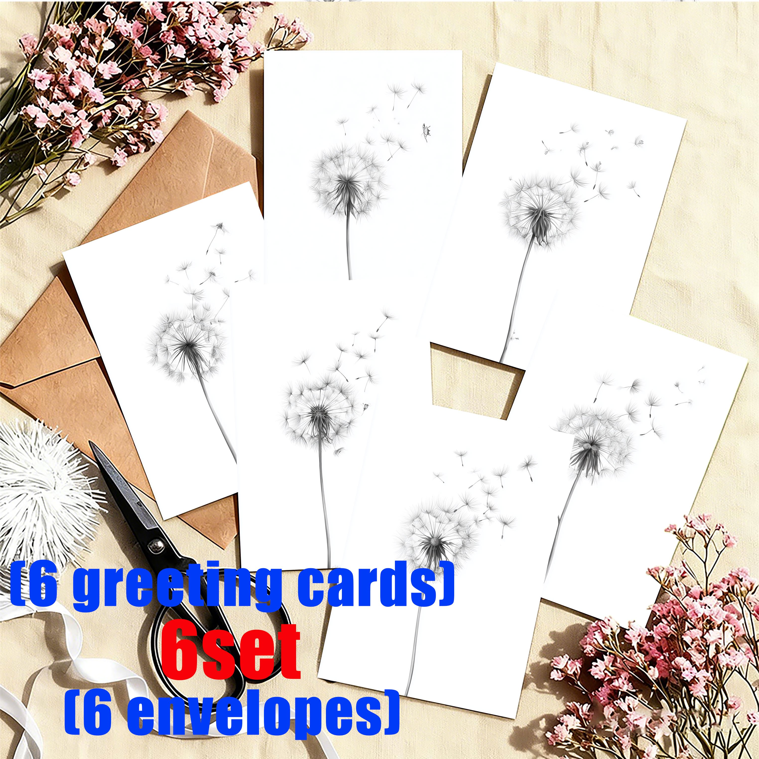 TEMU 6-set/12-set Dandelion-themed Black And White Minimalist Greeting Card + Envelope Set | Blank Inner Pages | Suitable For Holidays, Parties, And