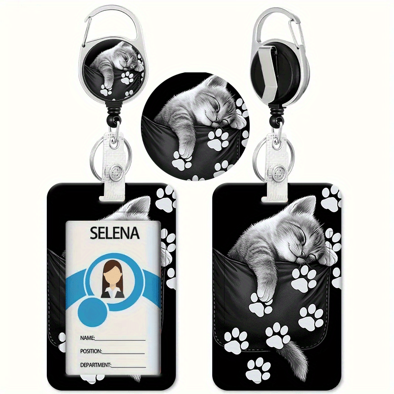 TEMU Cute Cat-themed Black Retractable Badge Holder With A Stylish Paw Print Design - Id And Credit Card Holder, Heavy-duty Lanyard Suitable For