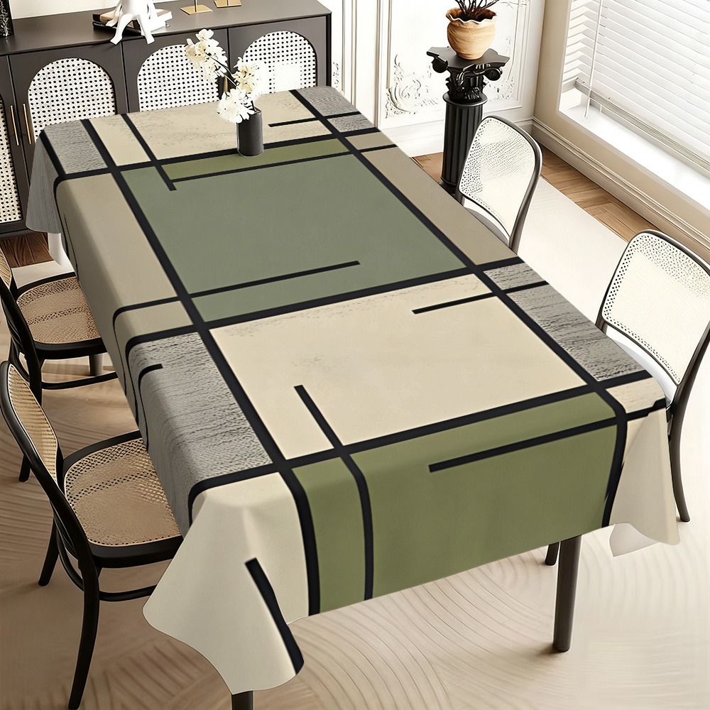 TEMU 1pc Rectangular Tablecloth/scarf, Large Size 2d Flat Printing, Modern Easy Geometric Line Pattern, Gray, Green, Beige, Machine Washable And