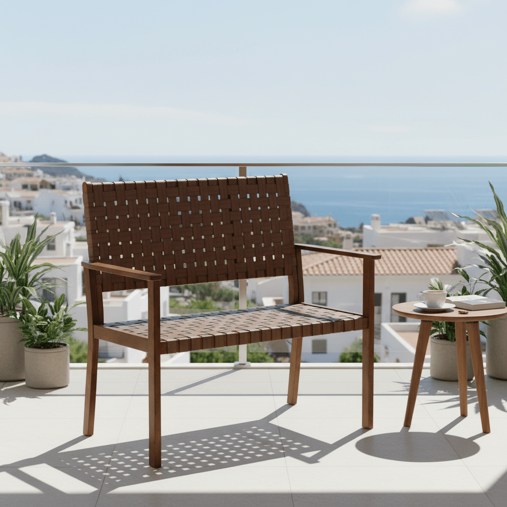 MULTIGOT Hand-Woven PU All-Weather Outdoor Bench with Solid Rubber Wood Frame - Heavy-Duty 400lb Capacity Patio Loveseat Chair, Wide Backrest & Armrests, Brown Wicker-Like Texture, Low-Maintenance Garden Furniture for Porch, Deck
