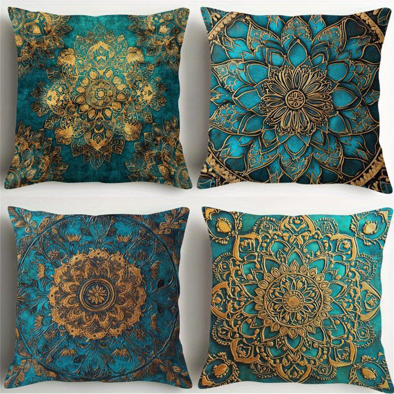 TEMU 4pcs Modern Decorative Pillowcases - Exquisite Mandala Floral Pattern, Turquoise Polyester Pillow Covers, Zipper Design, Machine Washable,